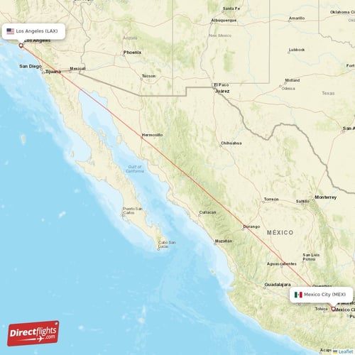 Los Angeles - Mexico City direct flight map