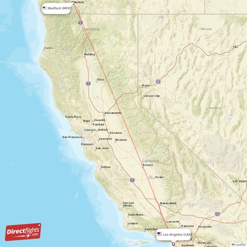 Los Angeles - Medford direct flight map