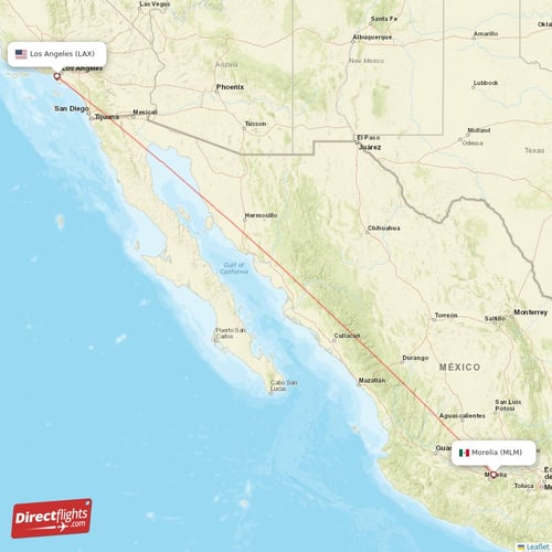 Los Angeles - Morelia direct flight map