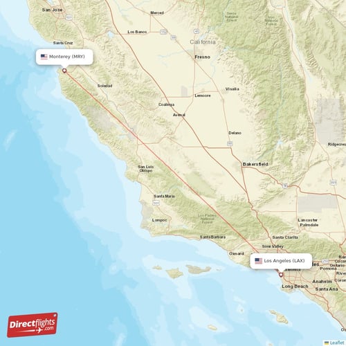Los Angeles - Monterey direct flight map