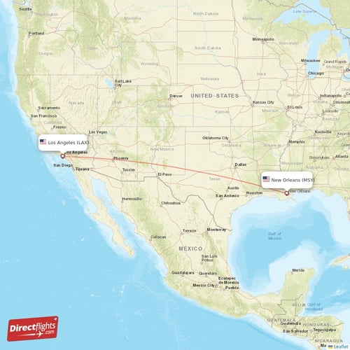 Los Angeles - New Orleans direct flight map
