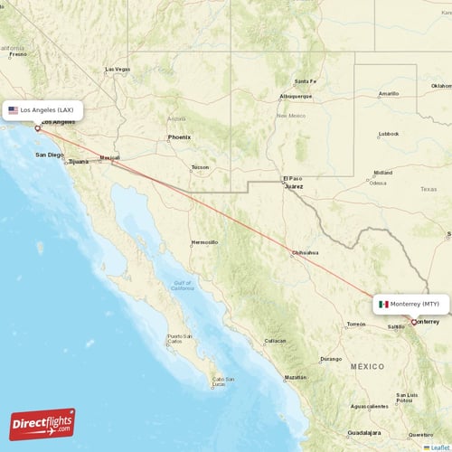 Los Angeles - Monterrey direct flight map