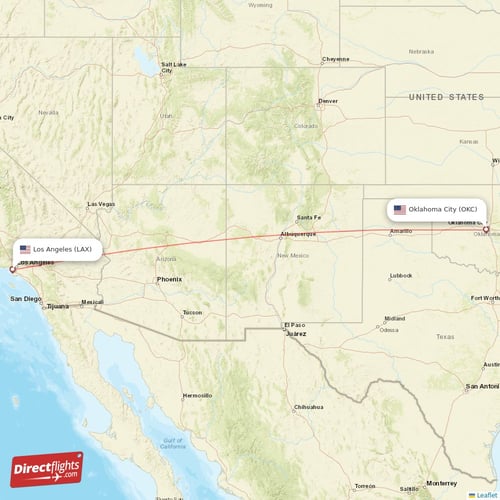 Los Angeles - Oklahoma City direct flight map