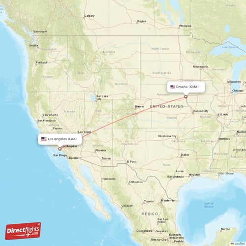 Los Angeles - Omaha direct flight map