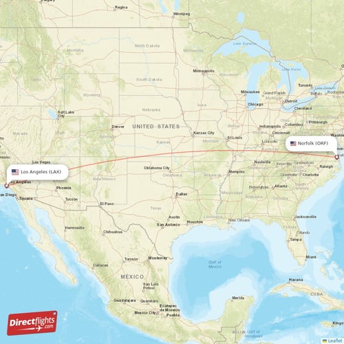 Los Angeles - Norfolk direct flight map