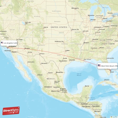 Los Angeles - West Palm Beach direct flight map