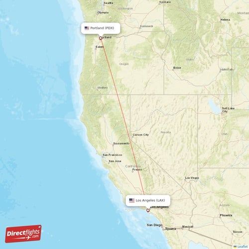 Los Angeles - Portland direct flight map