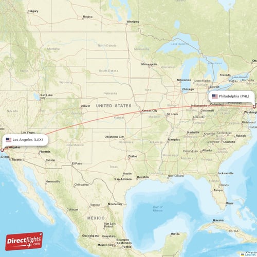 Los Angeles - Philadelphia direct flight map