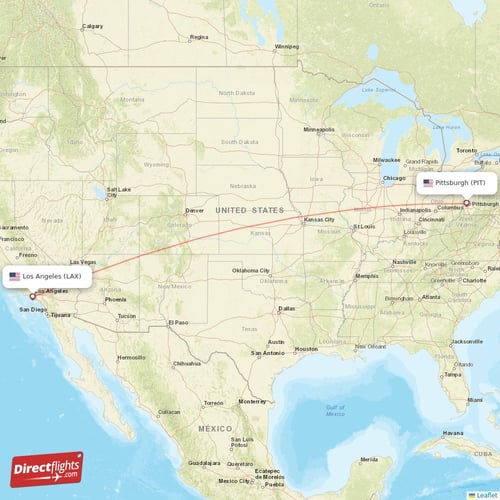 Los Angeles - Pittsburgh direct flight map