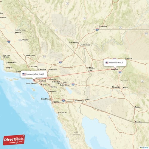 Los Angeles - Prescott direct flight map