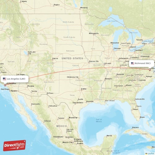 Los Angeles - Richmond direct flight map