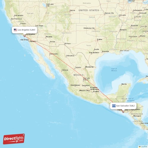 Los Angeles - San Salvador direct flight map