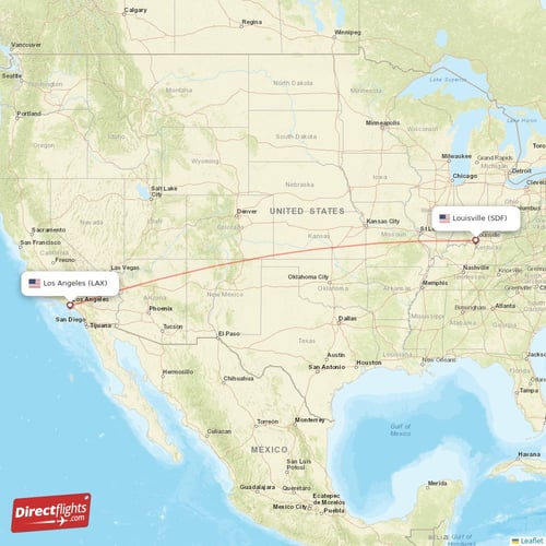Los Angeles - Louisville direct flight map