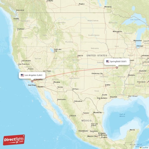 Los Angeles - Springfield direct flight map