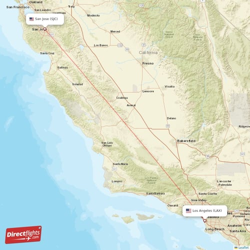 Los Angeles - San Jose direct flight map