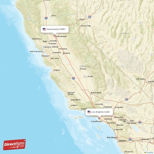 Los Angeles - Sacramento direct flight map