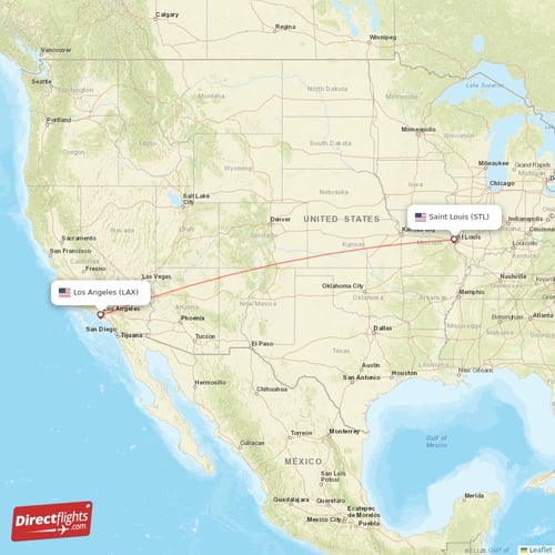 Los Angeles - Saint Louis direct flight map