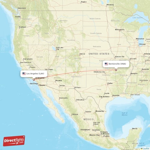 Los Angeles - Bentonville direct flight map