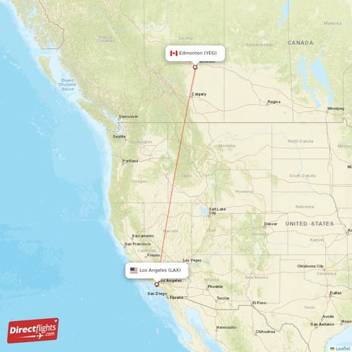 Los Angeles - Edmonton direct flight map