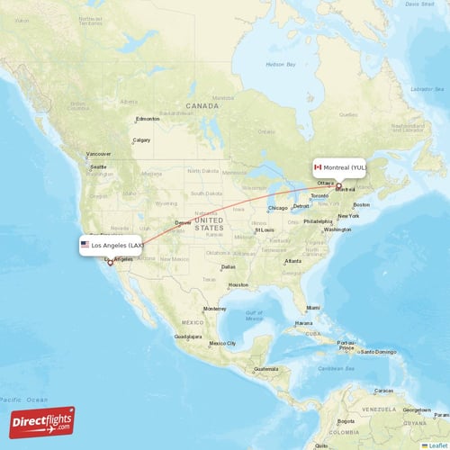 Los Angeles - Montreal direct flight map