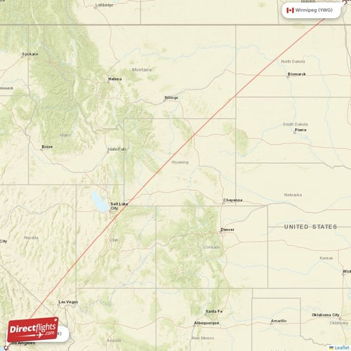 Los Angeles - Winnipeg direct flight map