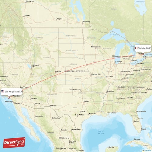 Los Angeles - Toronto direct flight map