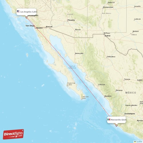 Los Angeles - Manzanillo direct flight map