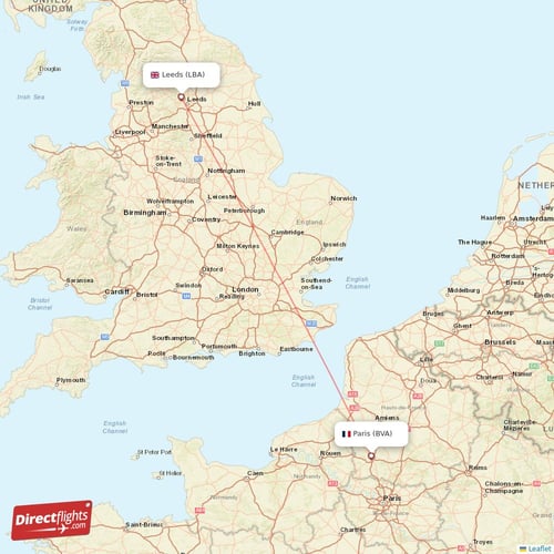Leeds - Paris direct flight map