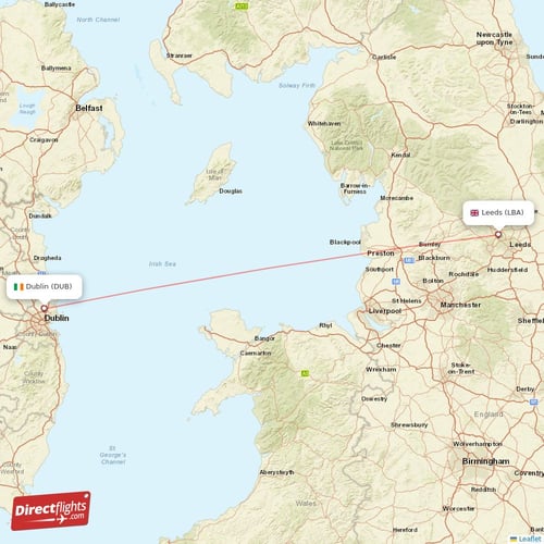 Leeds - Dublin direct flight map