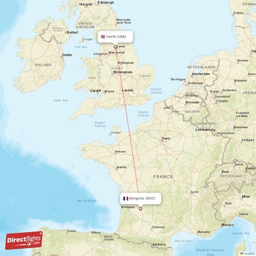 Leeds - Bergerac direct flight map