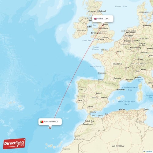 Leeds - Funchal direct flight map