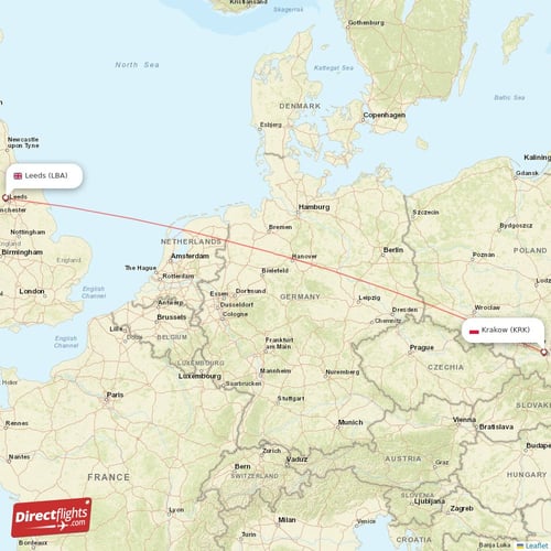 Leeds - Krakow direct flight map