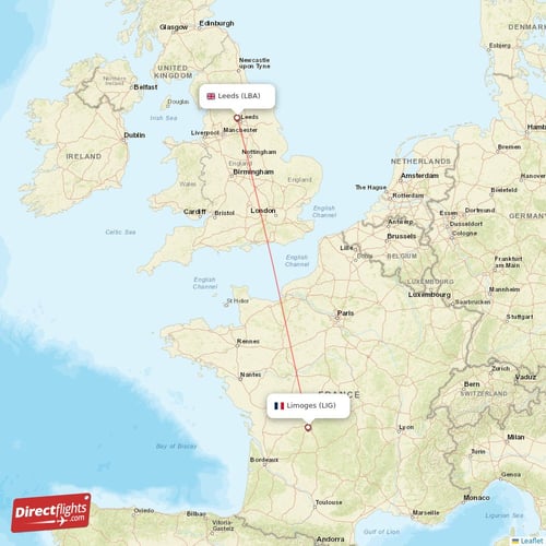 Leeds - Limoges direct flight map