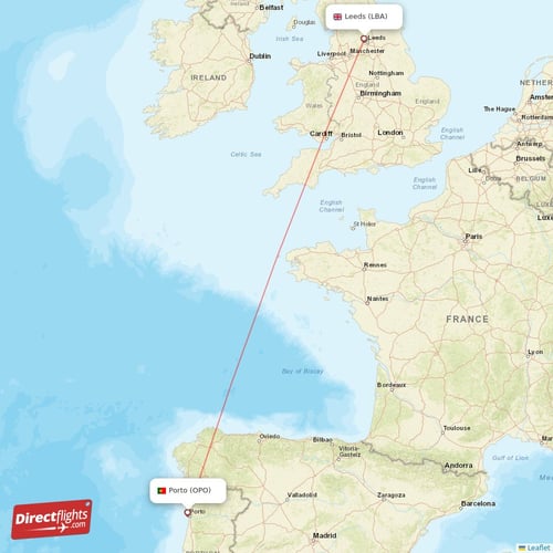 Leeds - Porto direct flight map