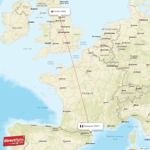 Leeds - Perpignan direct flight map
