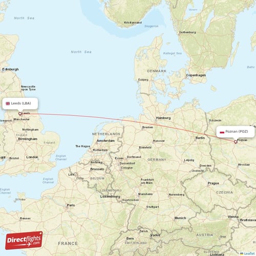 Leeds - Poznan direct flight map