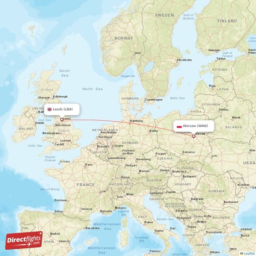 Leeds - Warsaw direct flight map