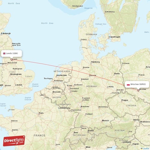 Leeds - Wroclaw direct flight map
