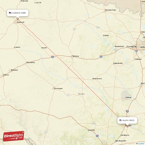 Lubbock - Austin direct flight map