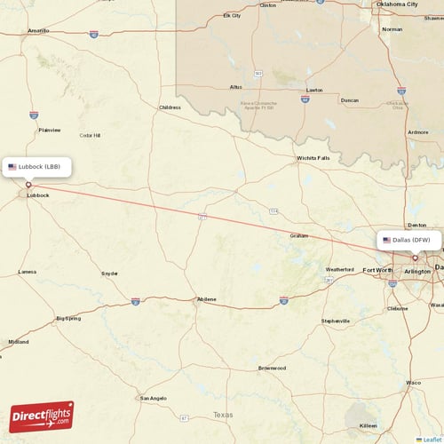 Lubbock - Dallas direct flight map