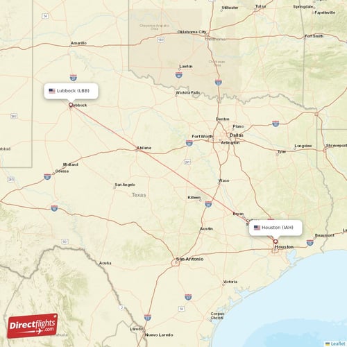 Lubbock - Houston direct flight map