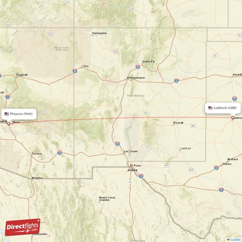 Lubbock - Phoenix direct flight map