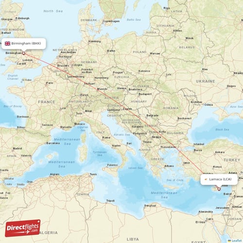 Larnaca - Birmingham direct flight map