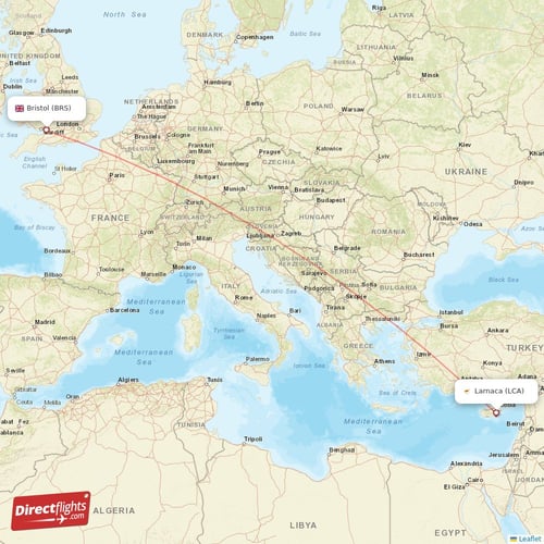 Larnaca - Bristol direct flight map