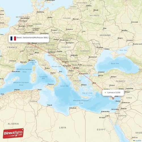 Larnaca - Basel, Switzerland/Mulhouse direct flight map