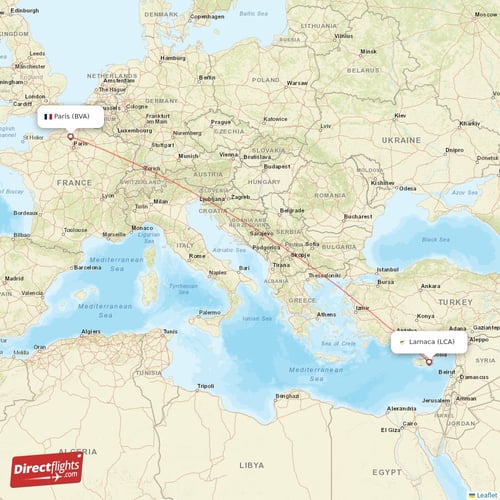 Larnaca - Paris direct flight map