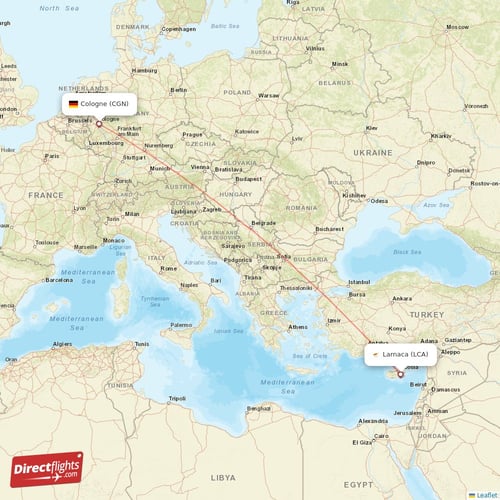 Larnaca - Cologne direct flight map