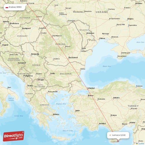 Larnaca - Krakow direct flight map