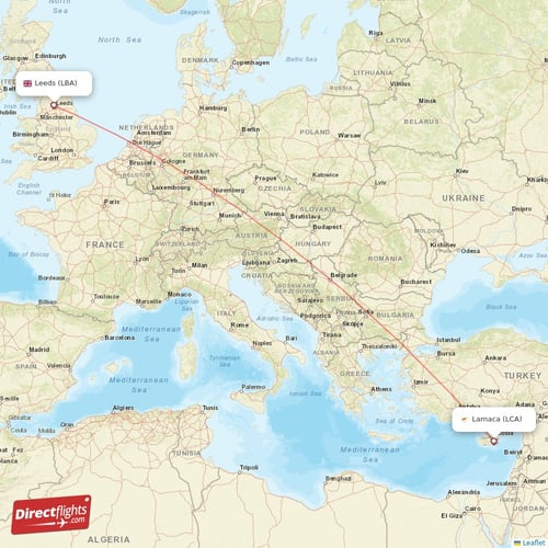 Larnaca - Leeds direct flight map