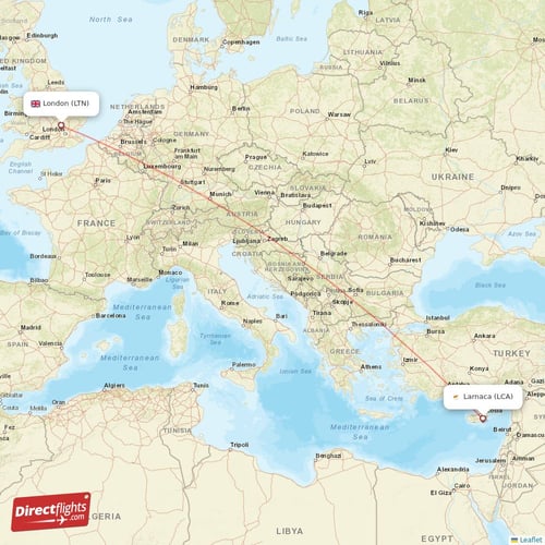 Larnaca - London direct flight map